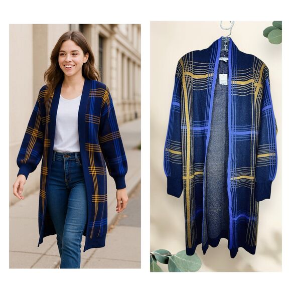 New Cato Clematis Blue & Gold Plaid Knit Duster - Size Small - Balloon Sleeves - Picture 1 of 11